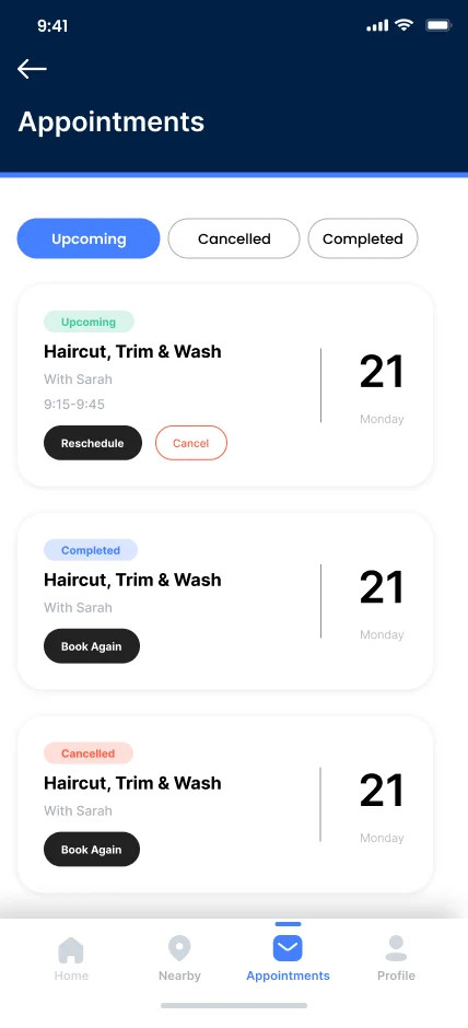 Appointments list: upcoming, cancelled and completed