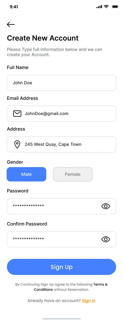 Create new account screen