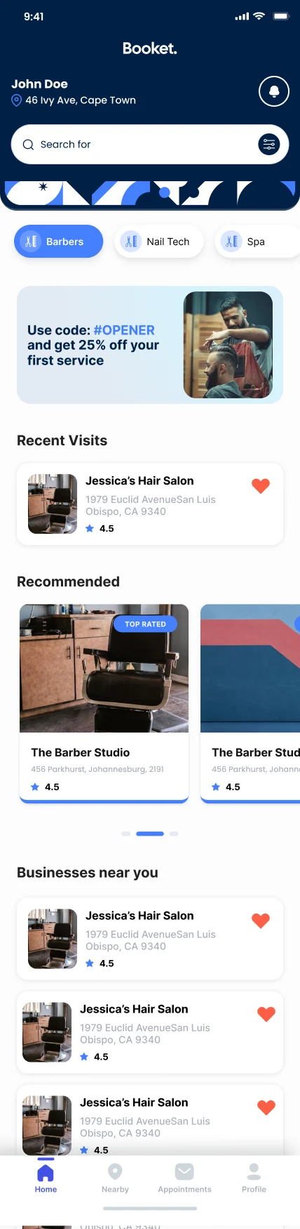 Booket home screen with nearby businesses