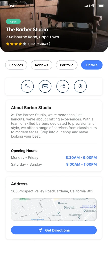 Provider details with opening hours and address