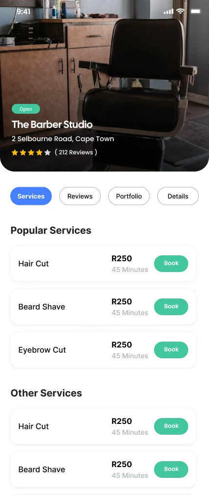 Provider services with Book buttons
